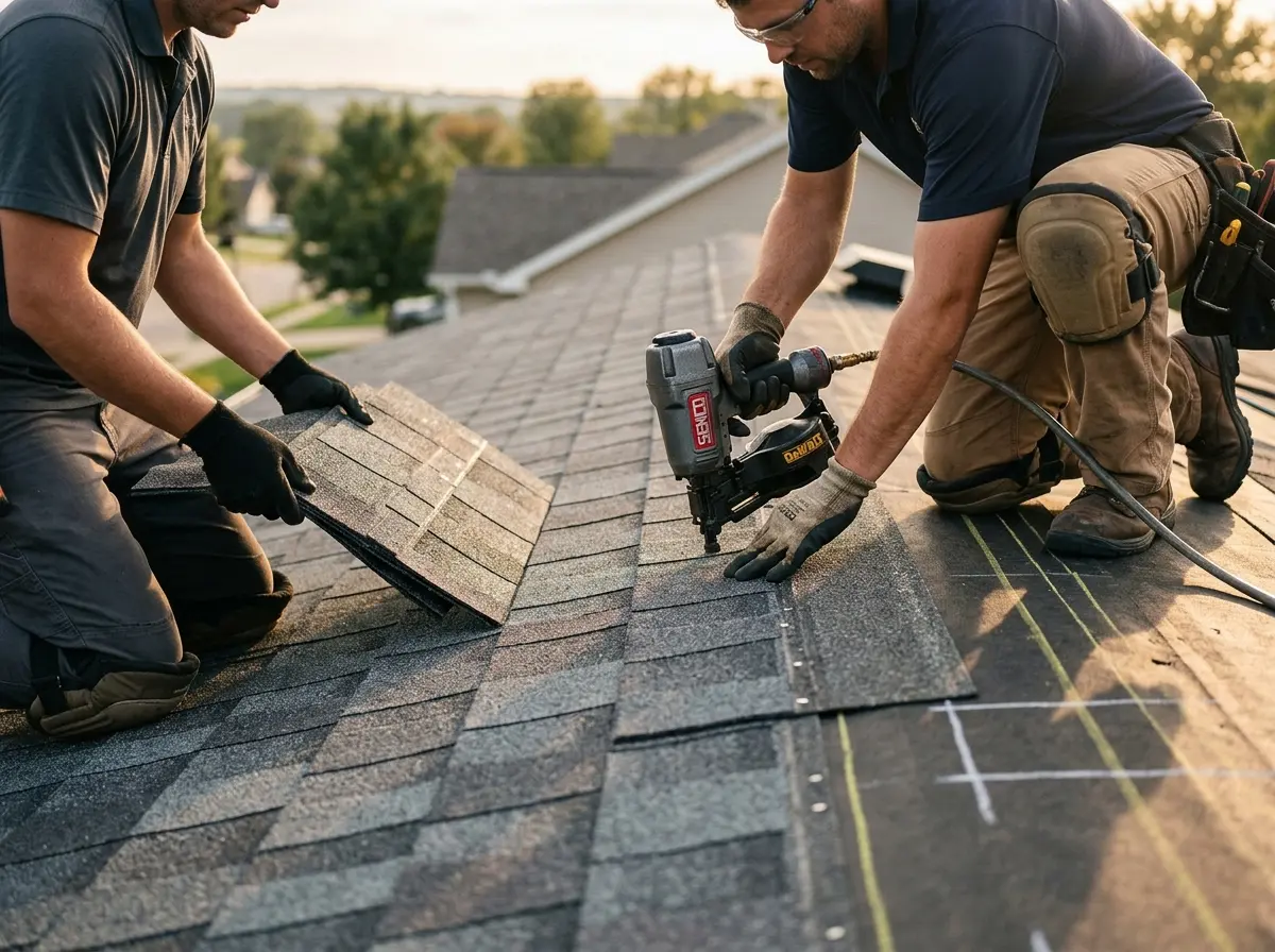 Professional roofer working on a residential roof in Moorpark